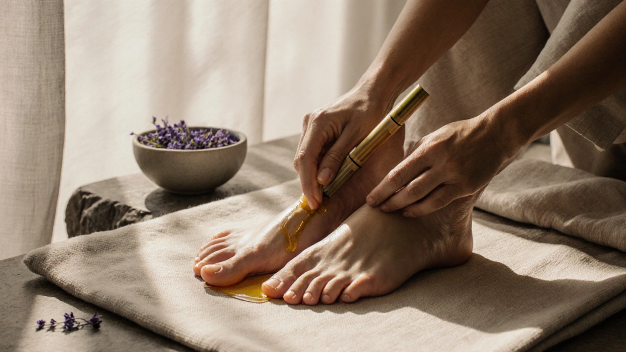Ruce maséře jemně masírují nohy pomocí bambusových tyčinek a teplého oleje v klidném prostředí.