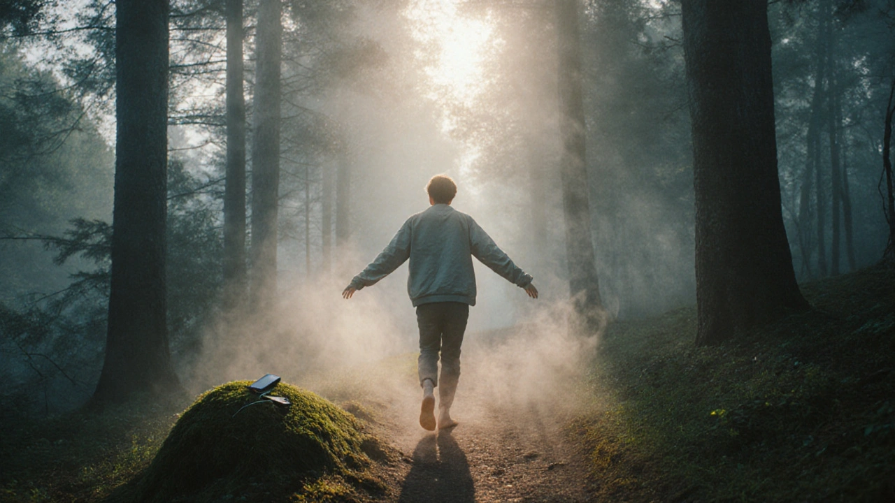 Osoba chodí bosá lesní cestou ráno, telefon zůstal na kameni, příroda ji obklopuje.