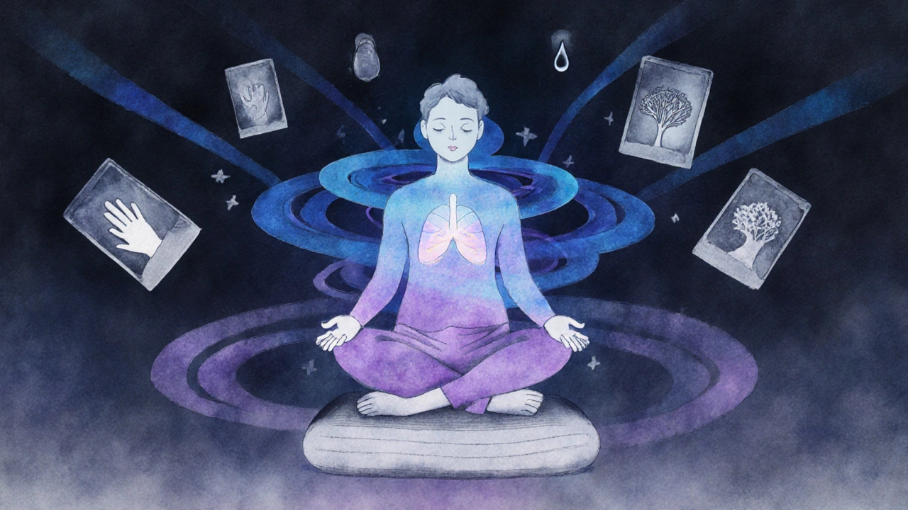 Osoba dýchá technikou 4-7-8, kolem ní se vznášejí jemné energetické vlny a vzpomínky.