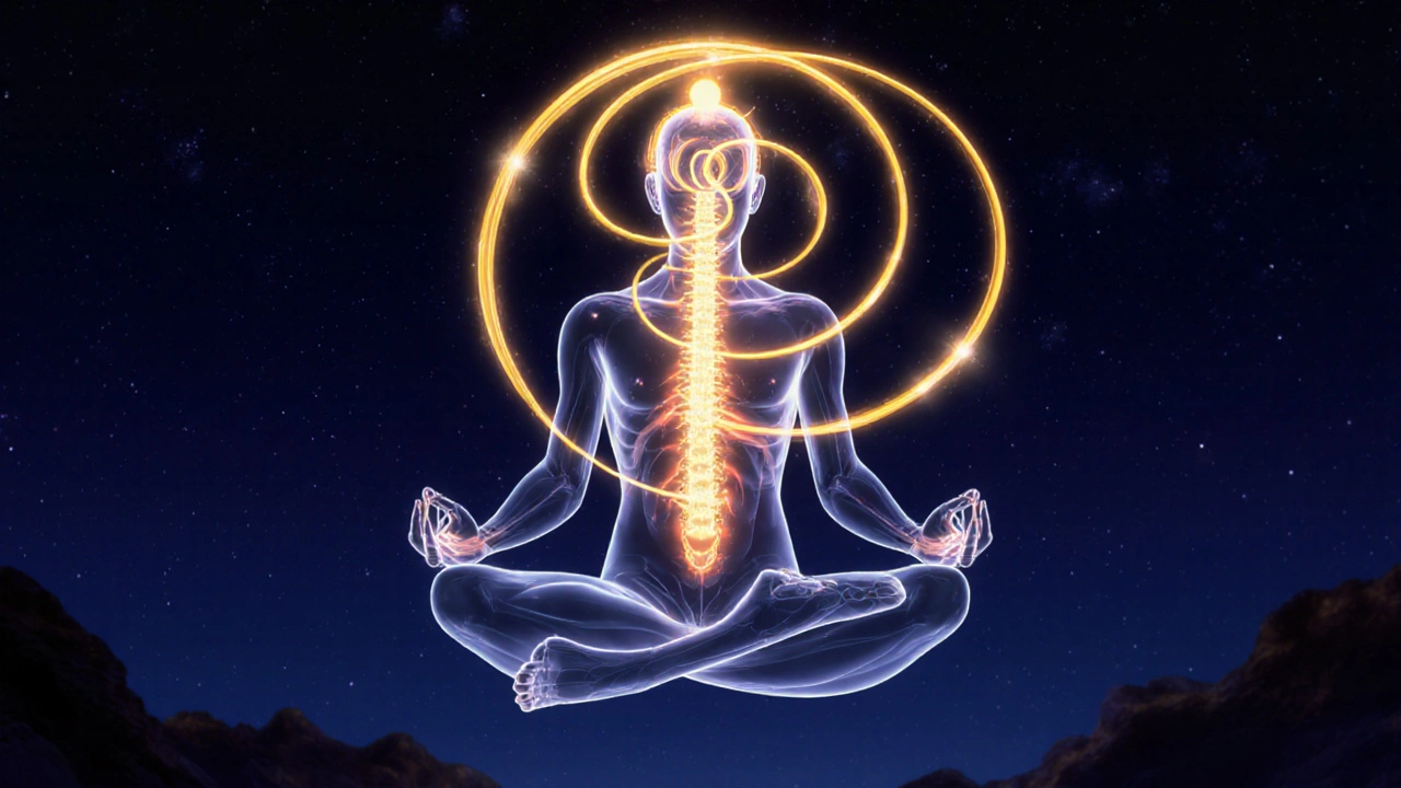 Postava v meditaci s zlatým světelným okruhem figure‑8, znázorňujícím mikrokozmosový dech.