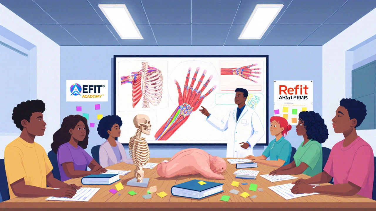 Skupina studentů v kurzu s anatomickými modely a učitelem debatujícím o svalové struktuře.