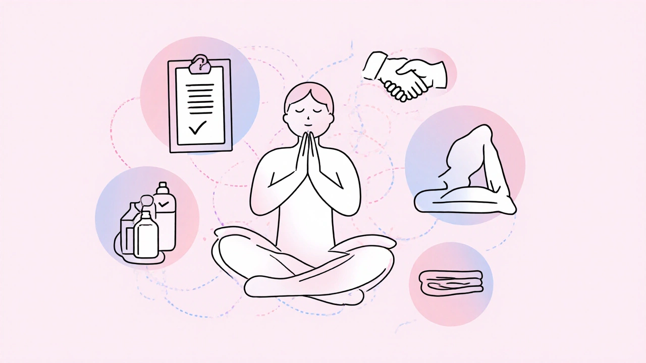 Symboly bezpečnosti a péče po masáži – certifikát, rukavice, voda, jemné protahování.