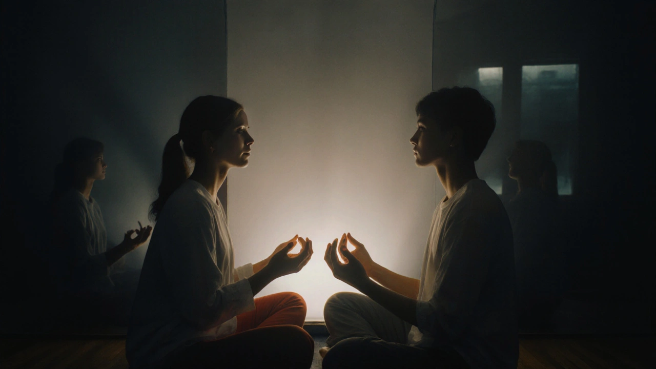 Dva lidé sedí čelem k sobě a dýchají synchronně, symbolizují spojení a přítomnost.