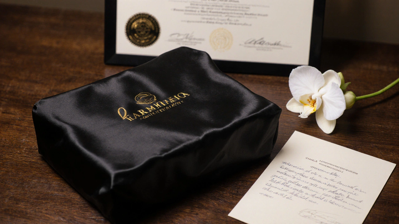 Luxusní dárek v černé saténové krabičce s zlatým nápisem, na stole s orchidejí a listem.