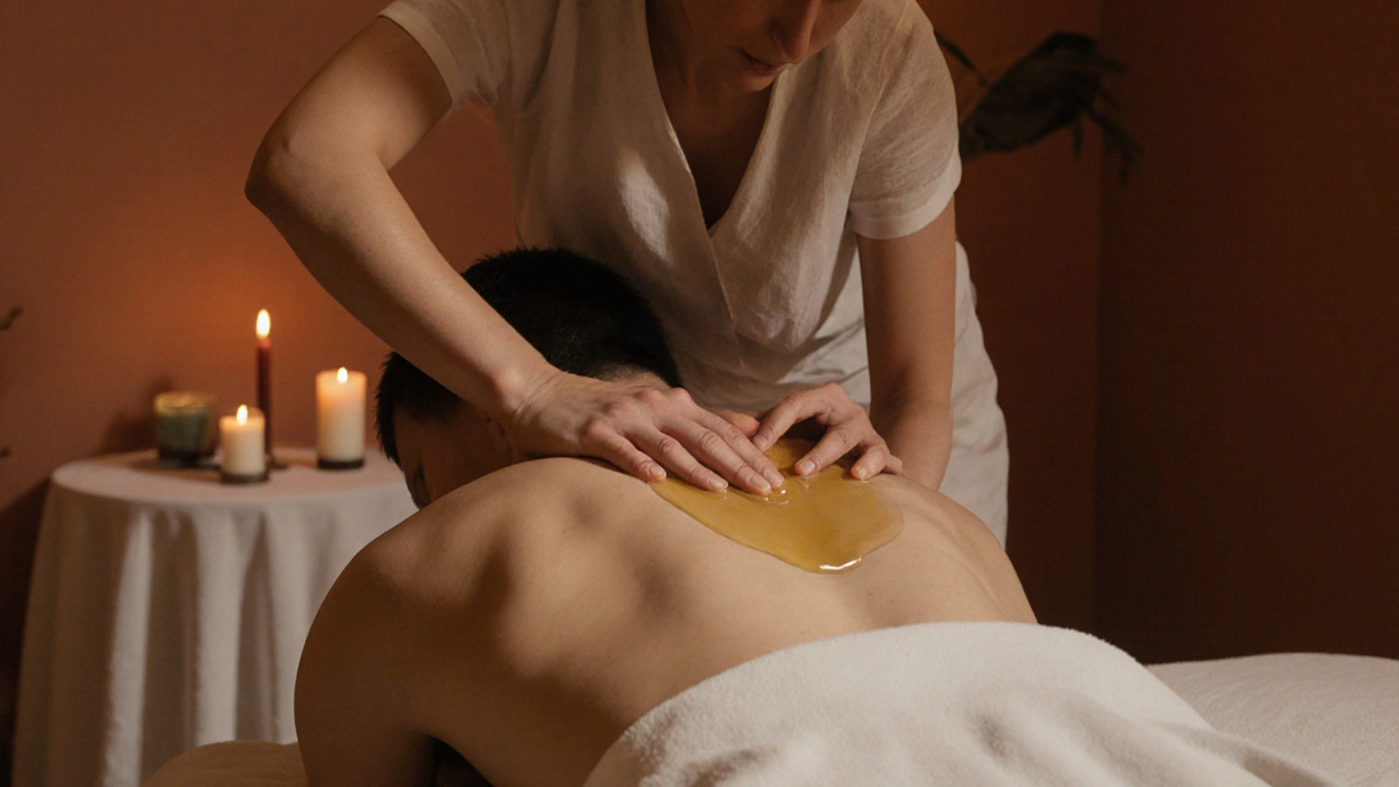 Masér jemně hladí záda klienta teplým olejem, kde je částečně pokrytý plátnem.