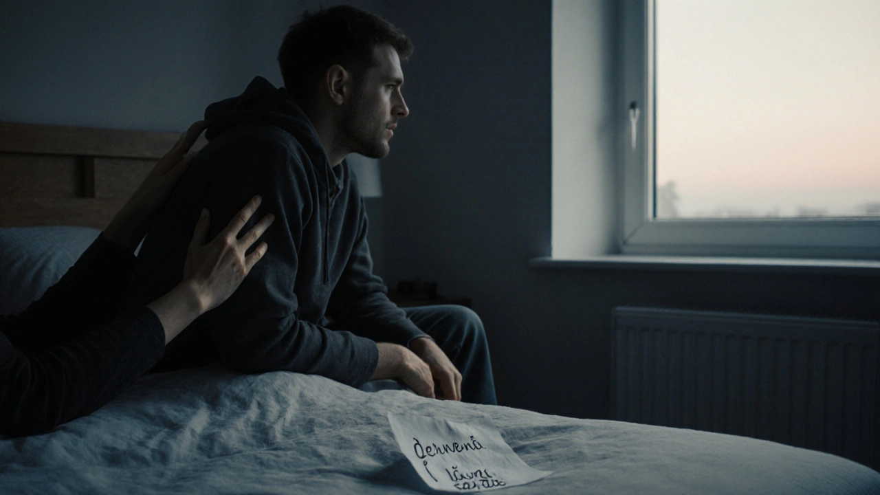 Muž sedí na okraji postele v ranním světle, partnerka mu položí ruku na rameno, na zemi leží poznámka se slovy souhlasu.