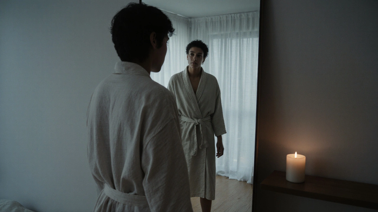 Osoba se dívá do zrcadla s mírnými slzami, cítí se konečně přijata.