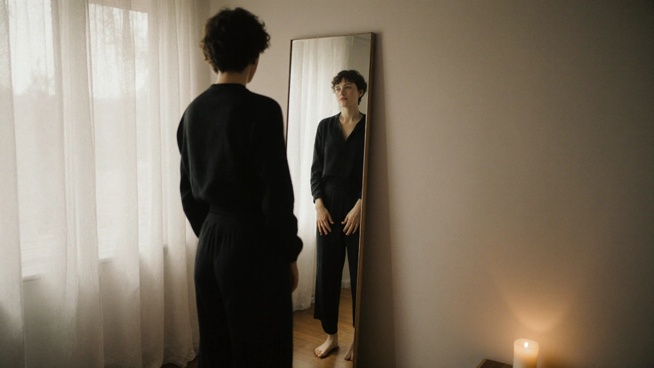 Osoba se dívá do zrcadla s přijetím, ruce na bocích, jemné ráno světlo v pokoji.