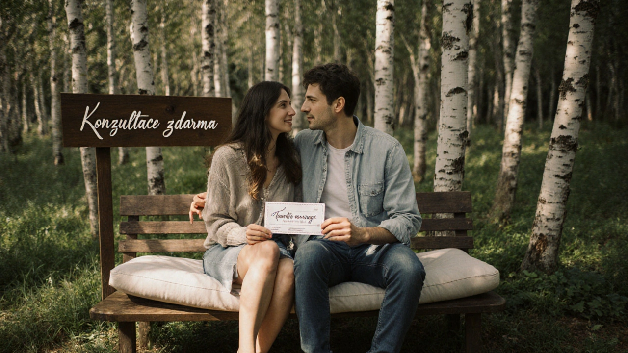 Pár drží poukaz na tantrickou masáž v zahradě, mírné osvětlení, atmosféra klidného pochopení.