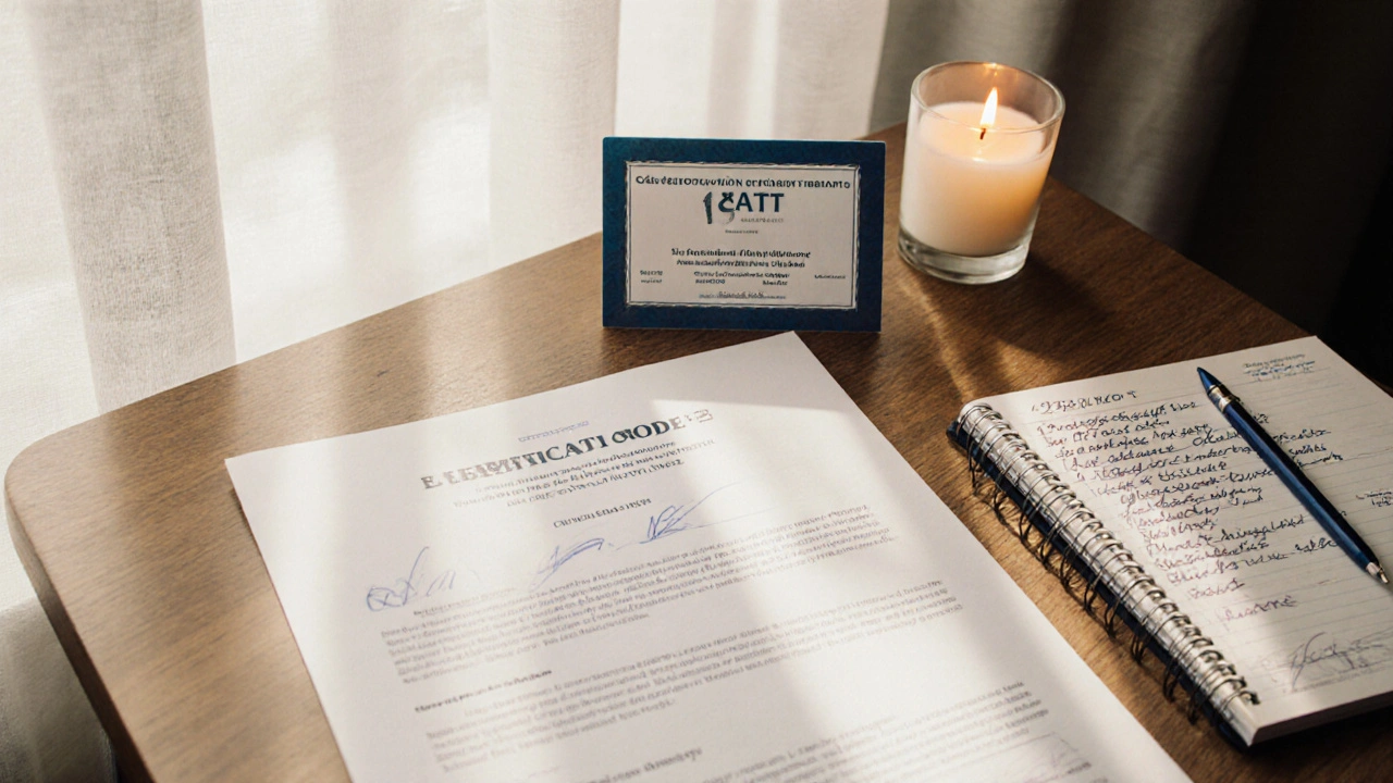 Podpis etického kodexu a certifikát ČATT na stole — profesionální, transparentní, bez erotiky.