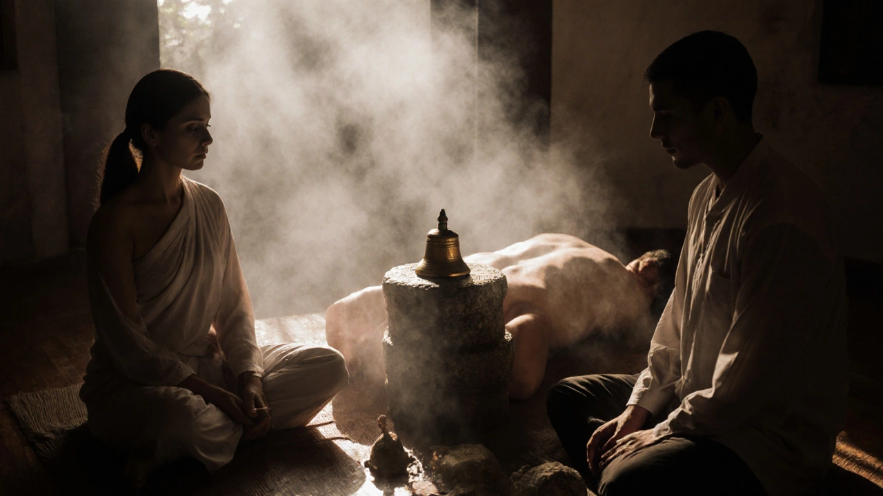 Poslední chvíle masáže: klient klidně dýchá v tichosti, jen jemná mlha a tibetský zvonec na stole.