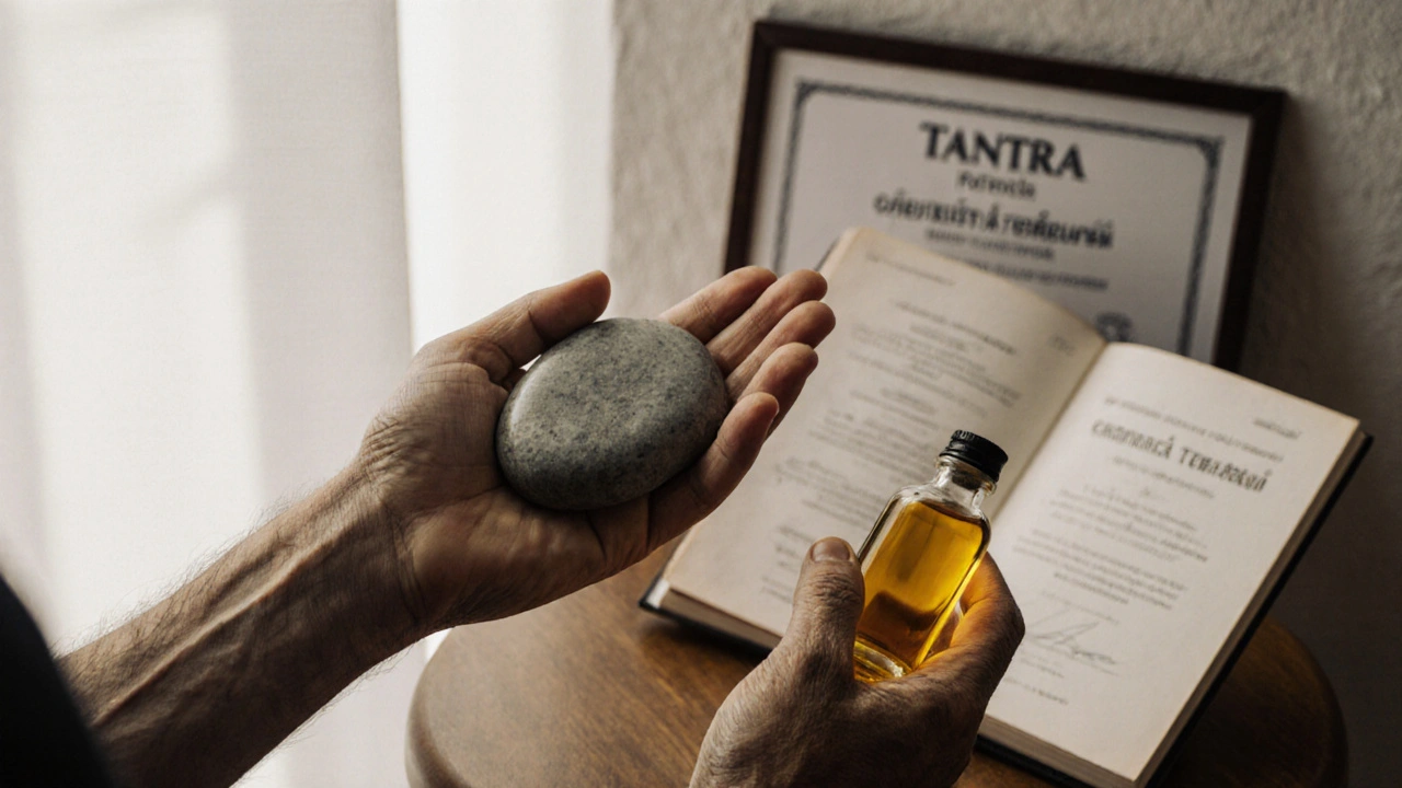Ruce drží teplý kámen a olej, na pozadí certifikáty a knihy o tanře.