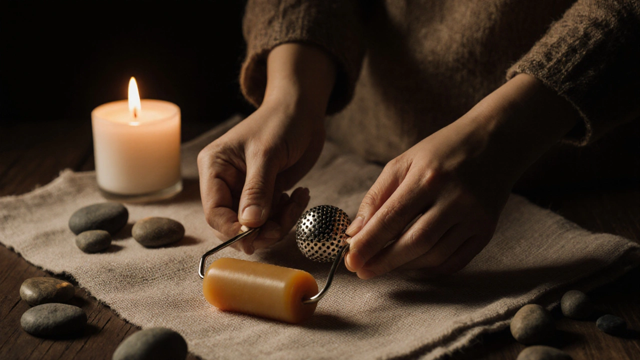 Ruce drží voskový váleček a kovovou masážní kouli na přírodní lnu s hořící svíčkou.