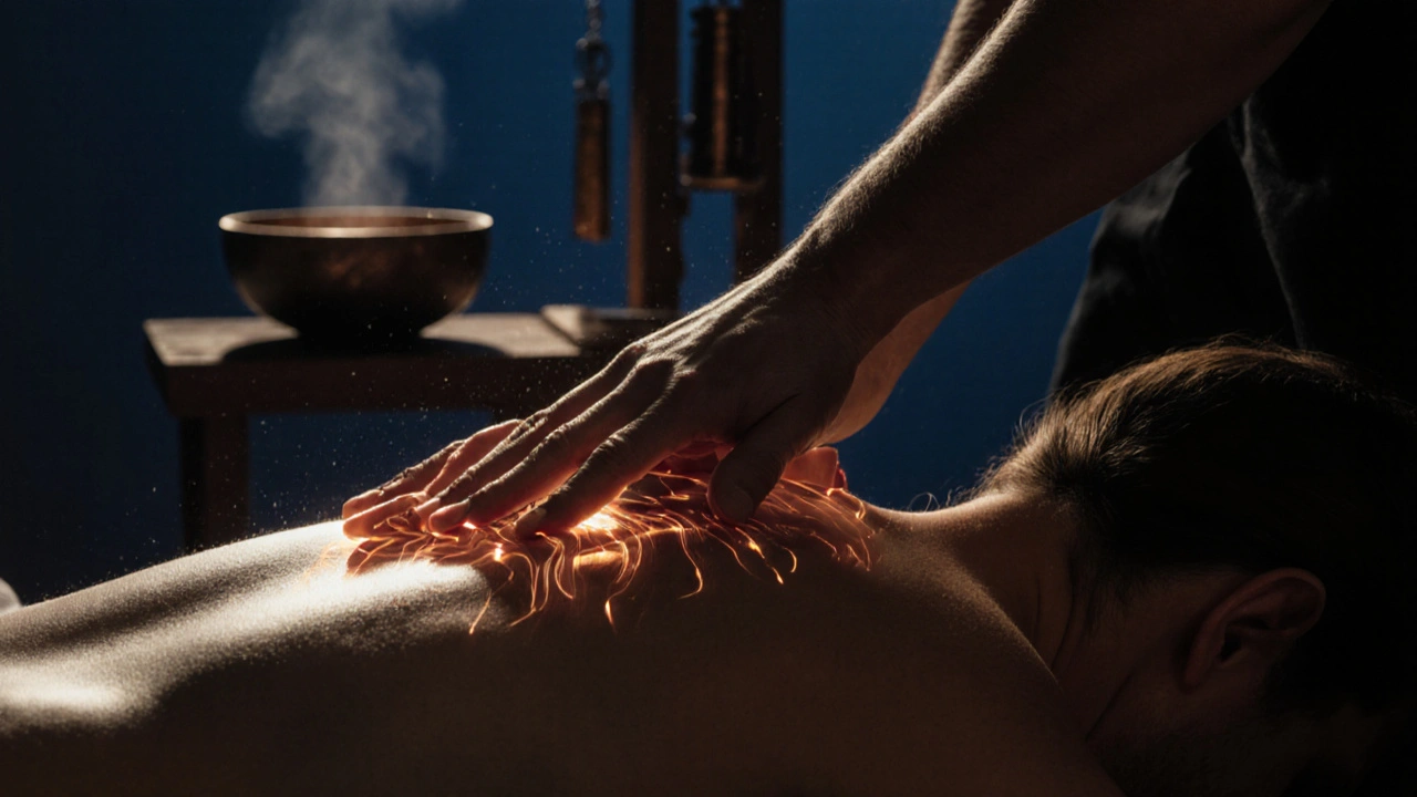 Ruce maséra se pohybují podél páteře, synchronizovaně s viditelnými zvukovými vlnami v tichém prostředí.