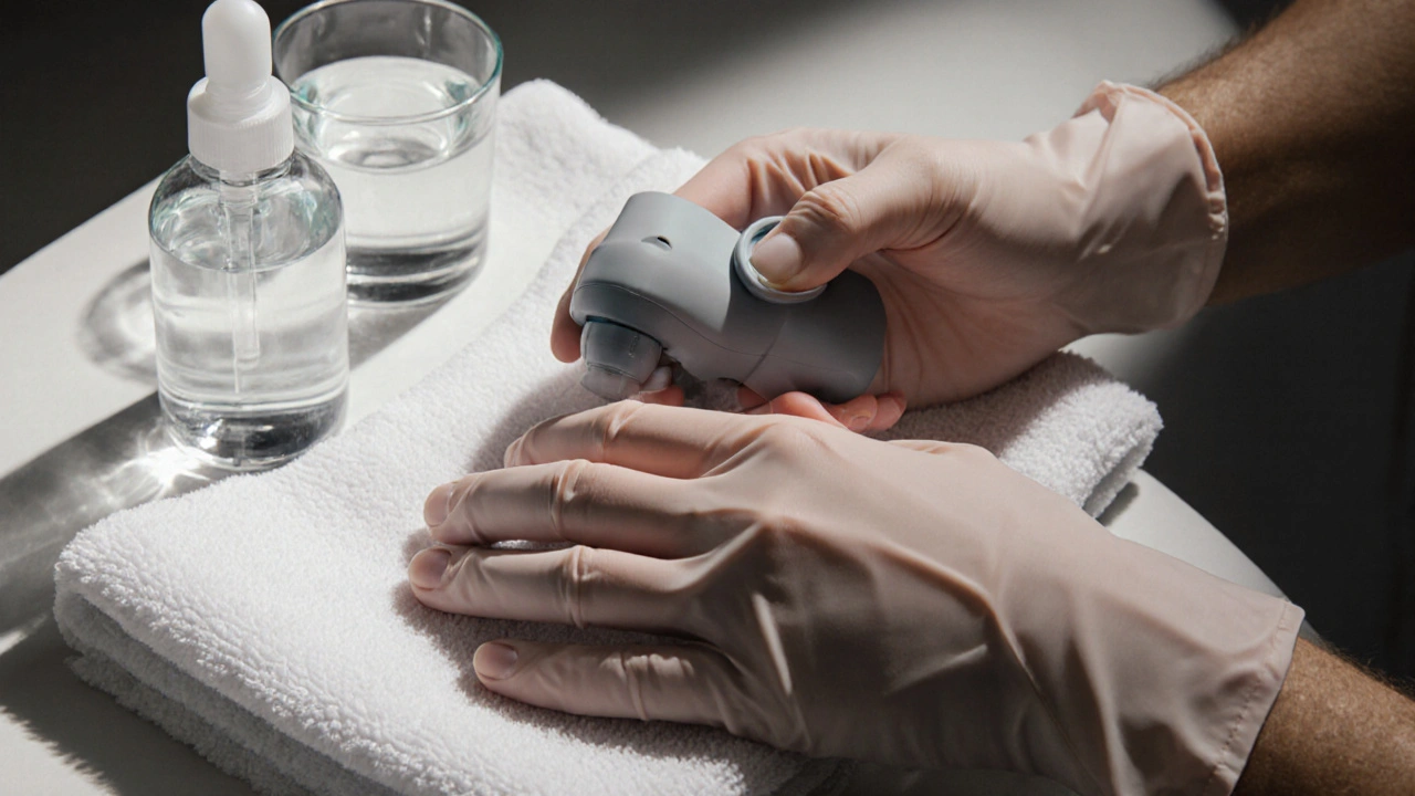 Ruka drží malou pomůcku pro masáž prostaty na čistém ručníku vedle lubrikantru a vody.