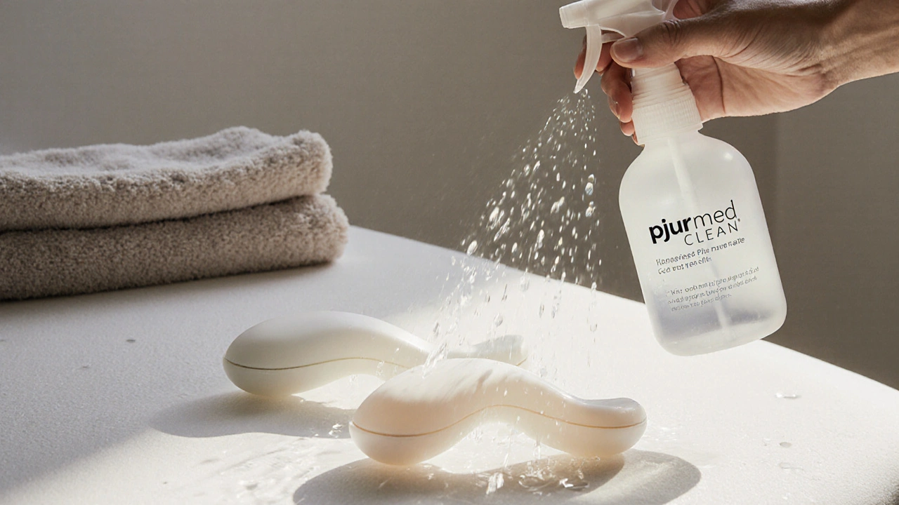 Silikonové pomůcky jsou oplachovány speciálním čisticím sprejem.