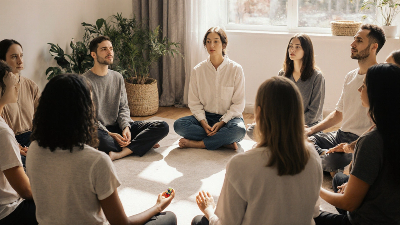 Skupina lidí medituje v kruhu, terapeut vede dýchání — klid, vnitřní spojení, bez fyzického kontaktu.
