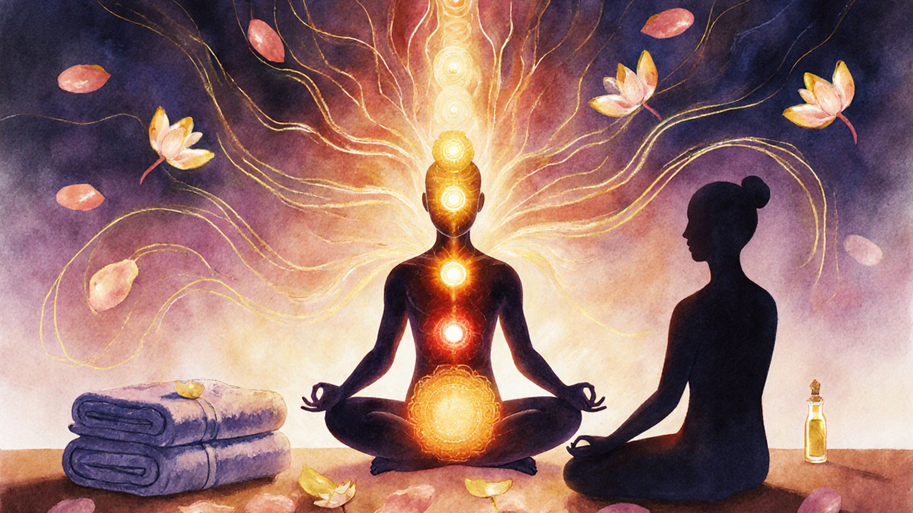 Symbolické znázornění energetického toku mezi dvěma osobami přes čakry.