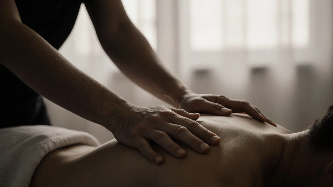 Terapeutovy ruce jemně dotýkají záda klienta v klidné, přirozené pozici.