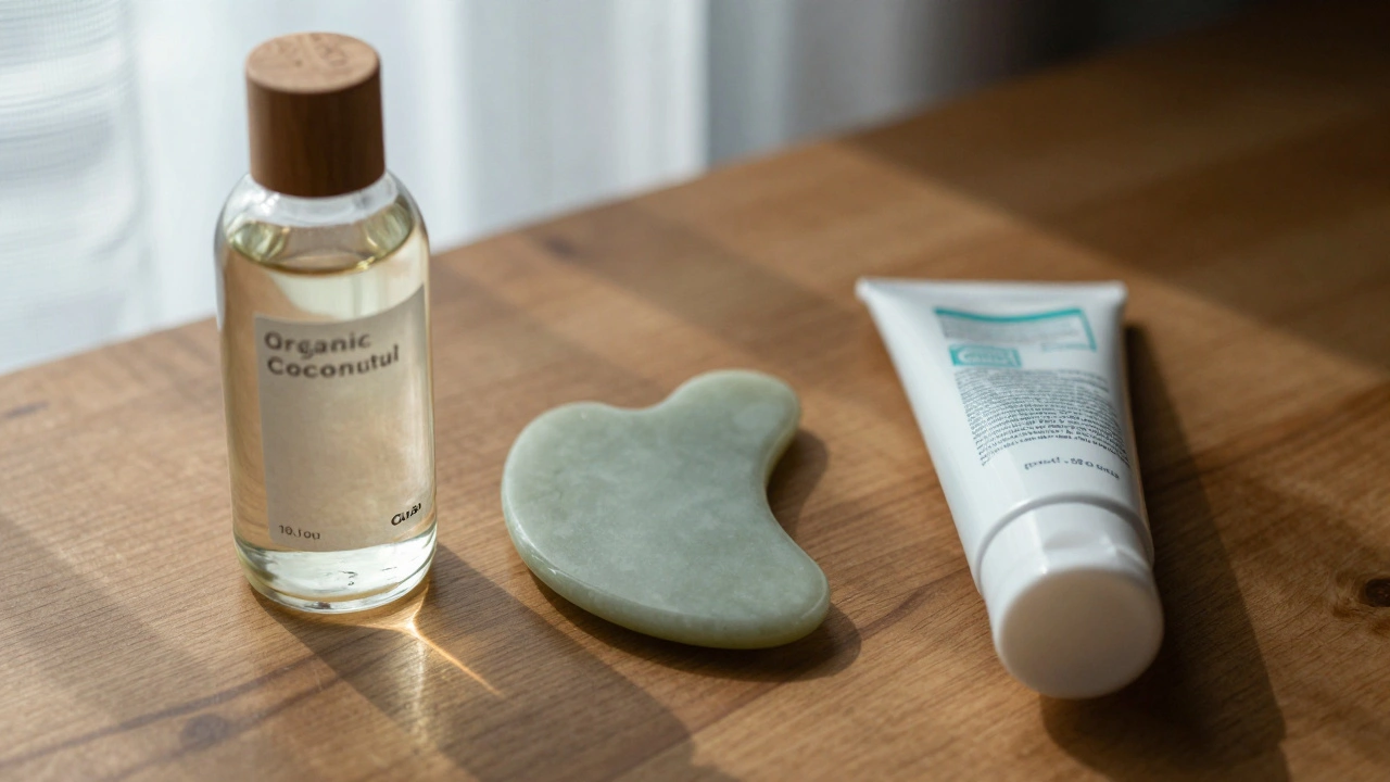 Dvě intimní produkty vedle sebe: přírodní olej a syntetický lubrikant.