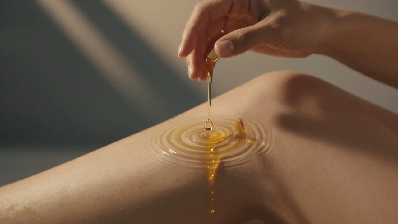 Kapka oleje padá na kůži, symbolizující uvolnění a vnitřní probuzení.