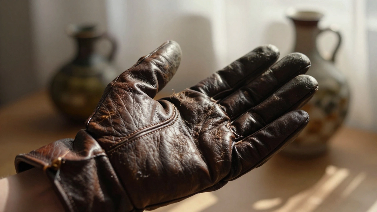 Kožené tantrické rukavičky držící ruku v teplém světle, s jemnou texturou kůže.