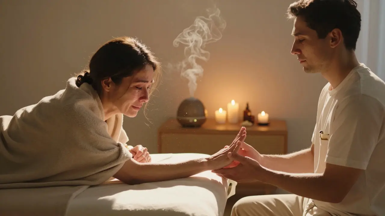 Matka pláče na masážním stole, její manžel drží její nohu — oba se spojují v tiché, emocionální chvíli bez slov.