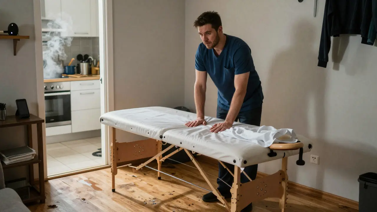 Mobilní masér nastavuje nestabilní stůl v byte s viditelnými rušivými prvky: kuchyní, telefonem a prádlem.