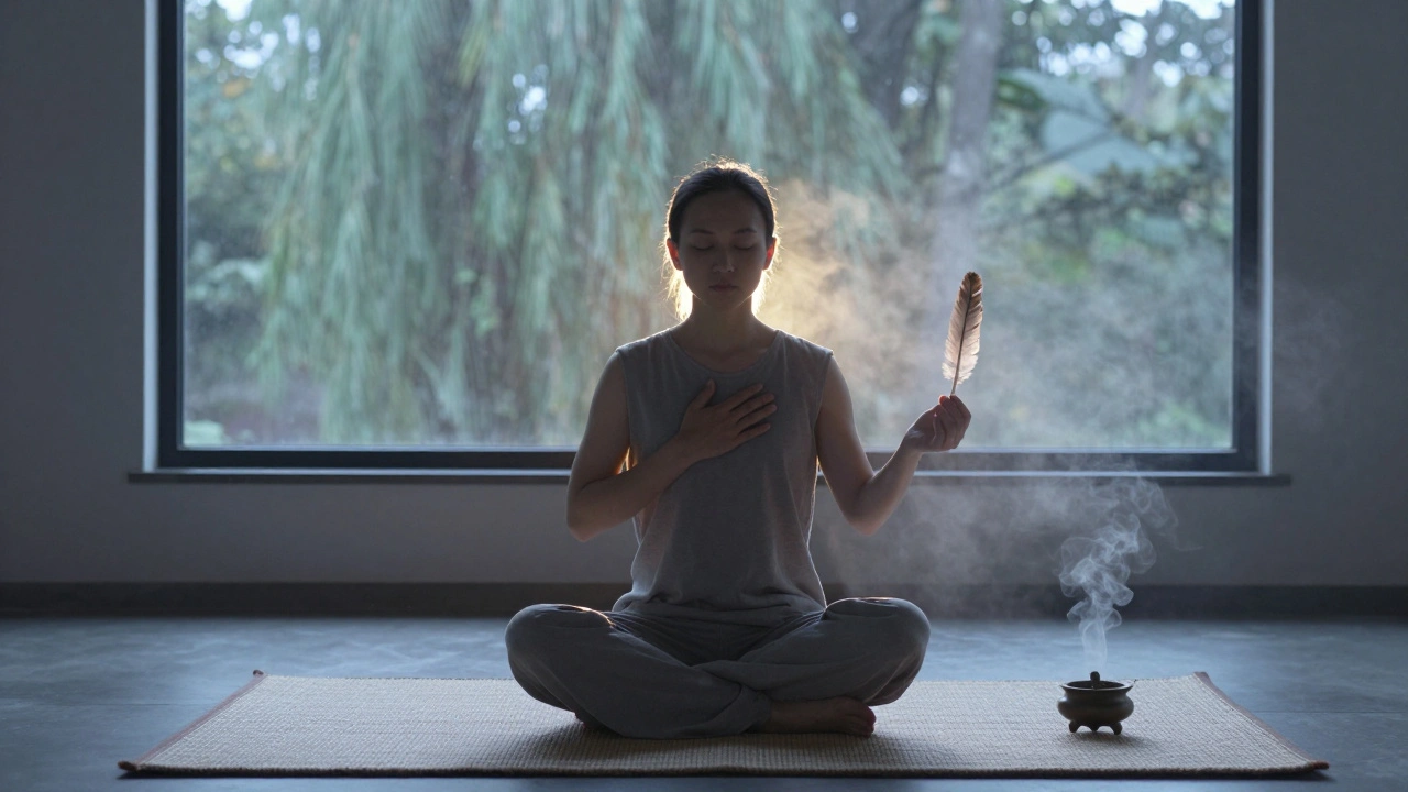 Osoba meditující s pštrosím pírkem v ruce, v klidném rytuálním prostředí na ranním světle.