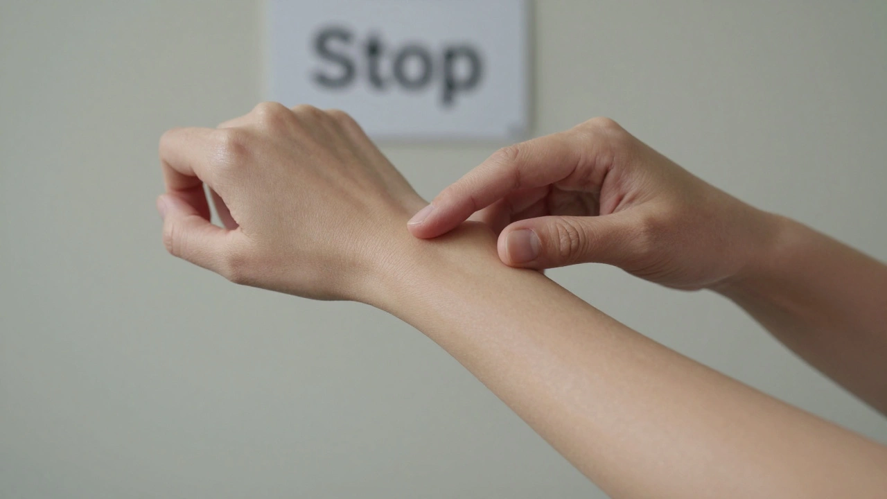 Pomalý, vědomý dotek ruky na předloktí, podporující pocit bezpečí u pacienta s PTSD.