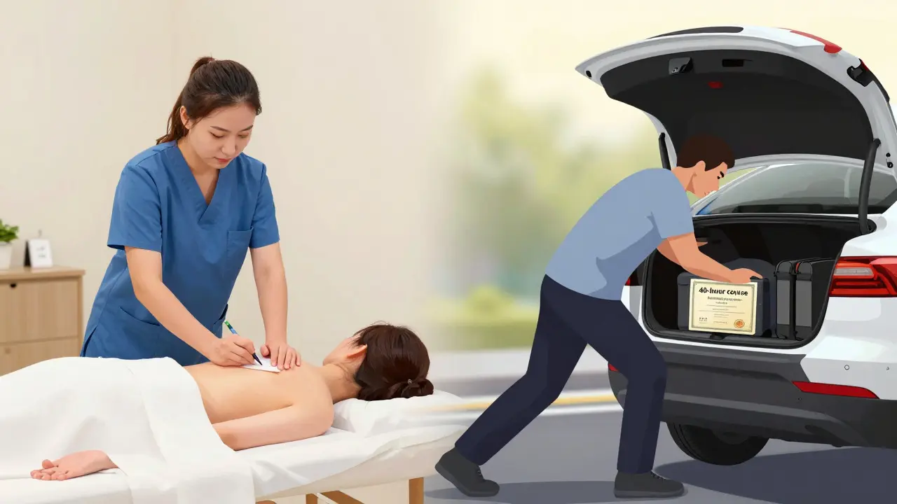 Porovnání: kvalifikovaný terapeut v salónu konzultuje zdravotní dotazník, mobilní masér spěchá s vybavením do auta.