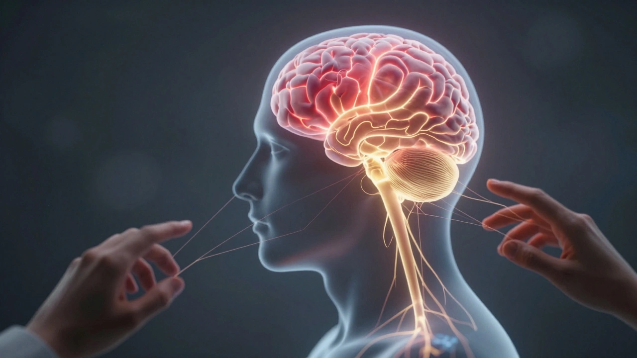 Schematický obraz mozku, kde se snižuje aktivita oblasti strachu a zvyšuje klid.