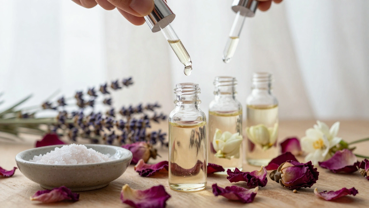Tři kapky esenciálních olejů padají do lahvičky s jojobovým olejem na dřevěném stole s růžovými petaly.