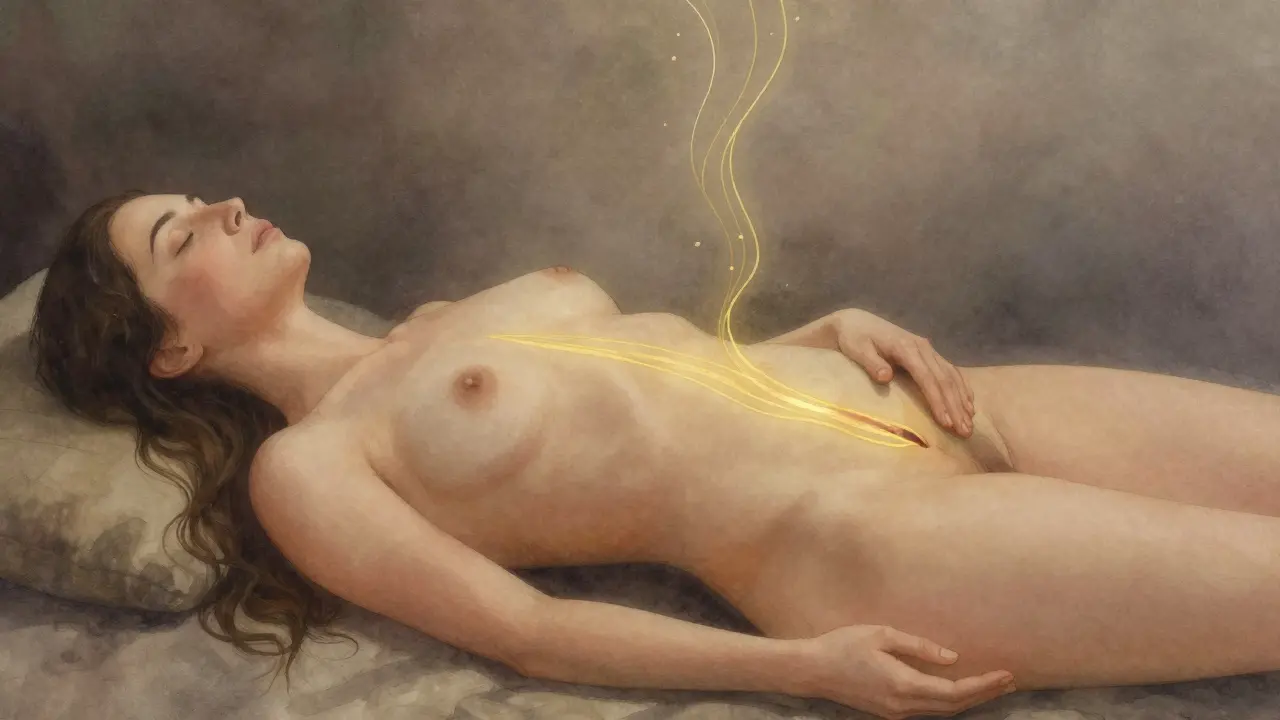 Žena dýchá hluboce, zatímco energetické vlny spojují její tělo a duši.