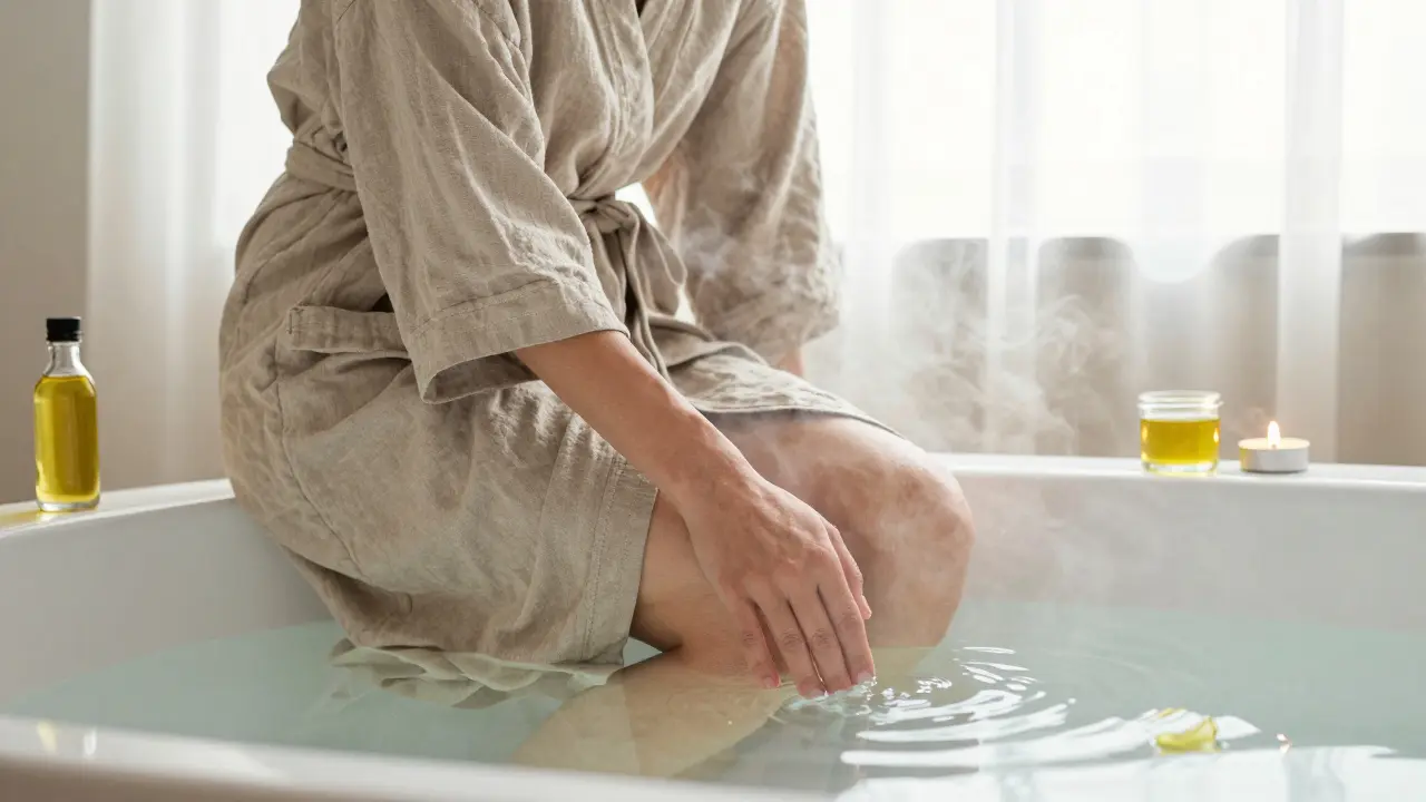 Žena v lázni s parou, jemně dotýká vody, kolem ní svíčka a olej — klidný rytuál sebepéče.