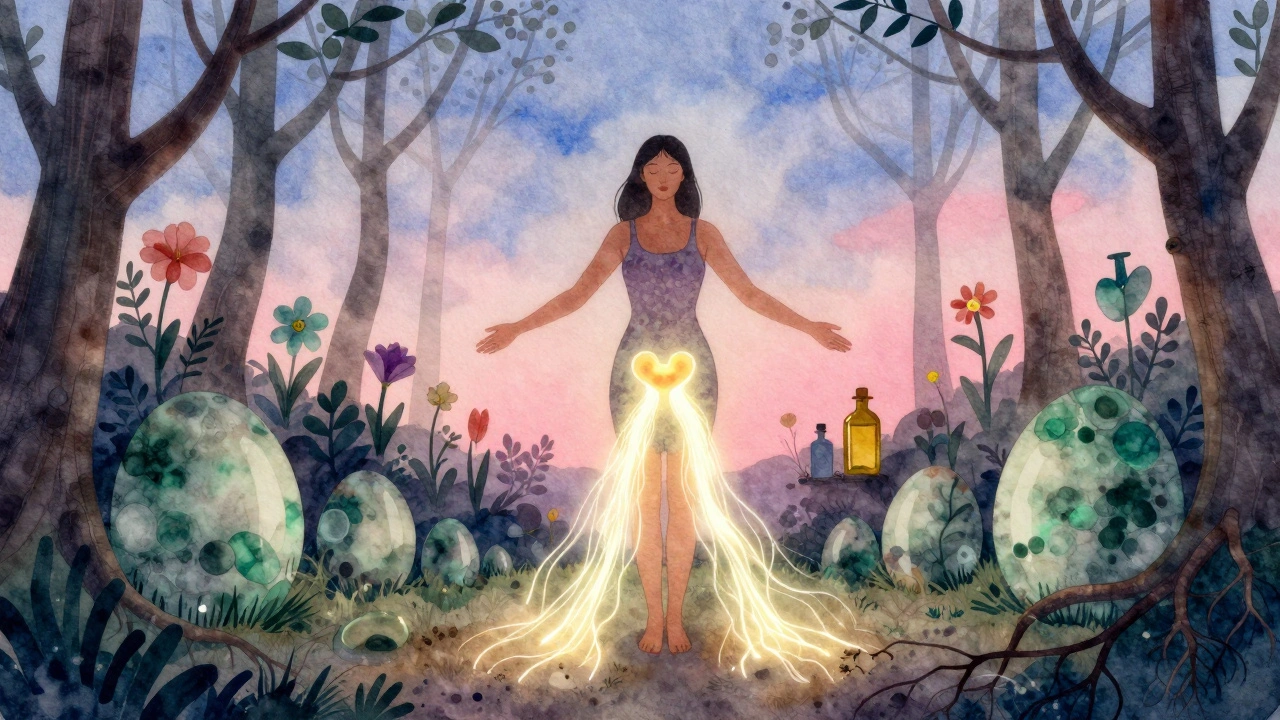 Žena v lese s energetickými proudy symbolizujícími obnovu mikrobiomu.