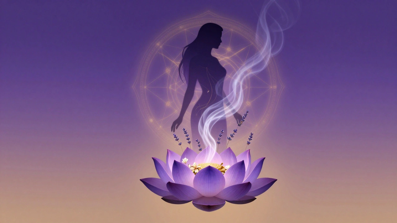 Ženská silueta se rodí z lotosu, její tělo se mění v aromaty levandule, santalu a jasmínu.