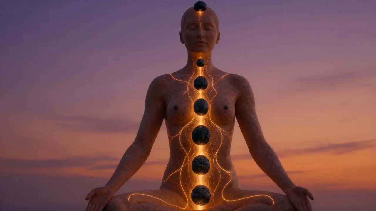 Abstraktní znázornění energetických toků po těle při tantrické masáži lávovými kameny.