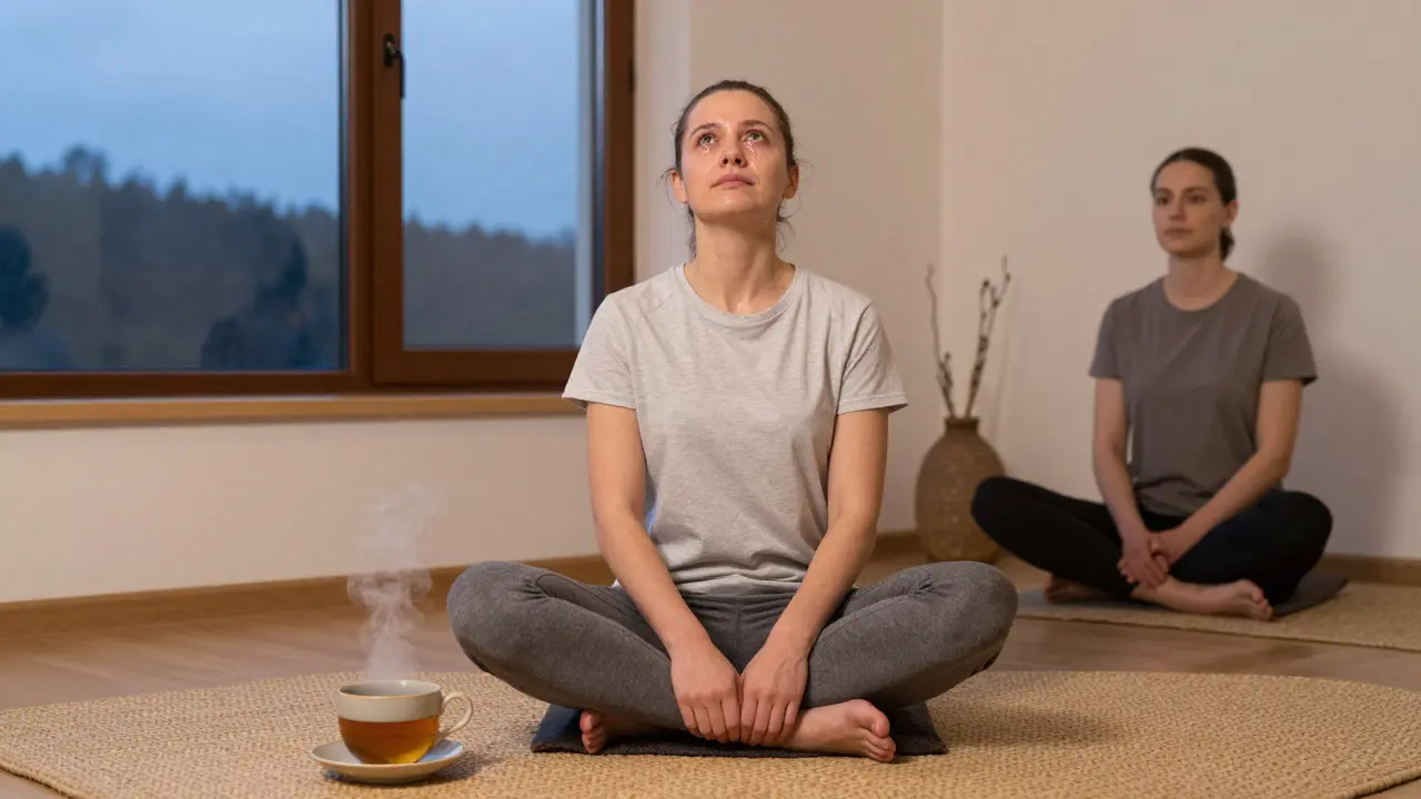 Osoba sedí na zemi s šálkem čaje, nohy na zemi, po emočním uvolnění v klidném prostředí.