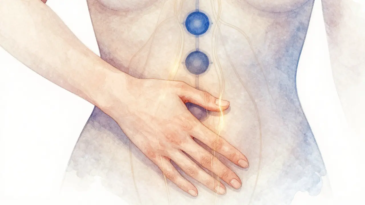 Ruka na břiše s jemnými energetickými čarami označujícími čakry podél páteře.
