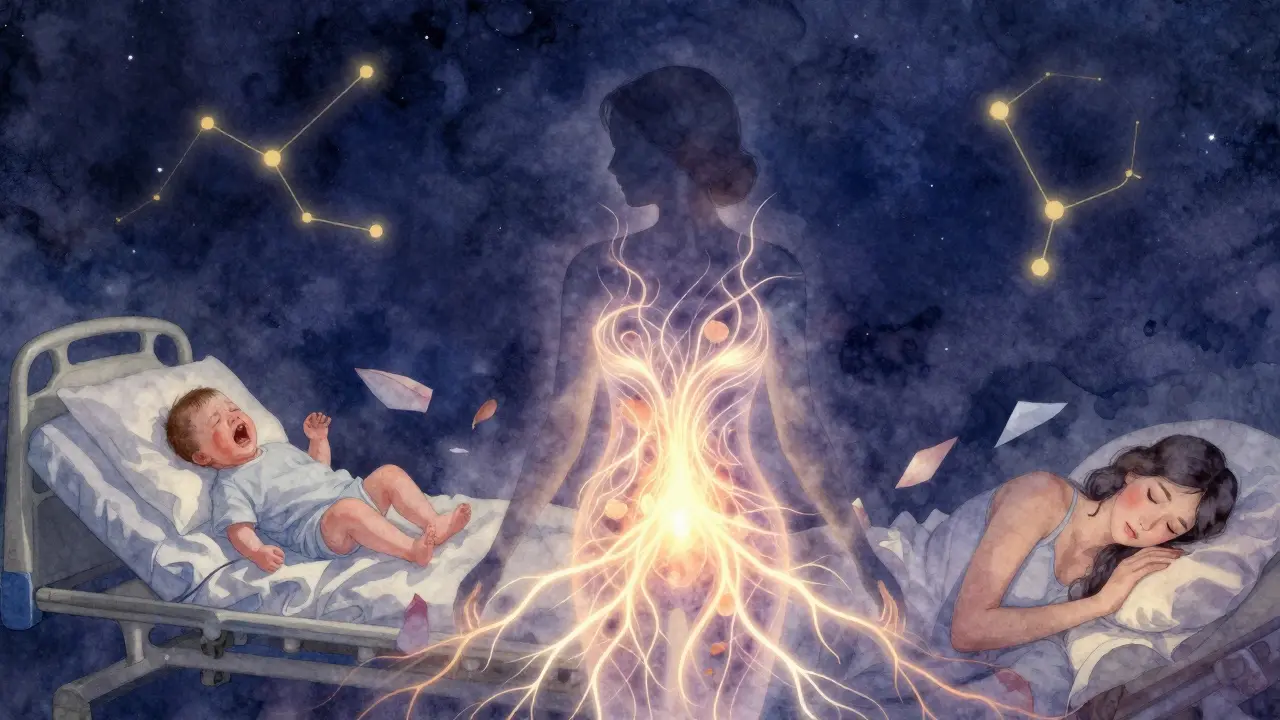 Symbolická silueta ženy s proudy energie z pánve, které se mění v květy a hvězdy, před tmavým nočním nebem.