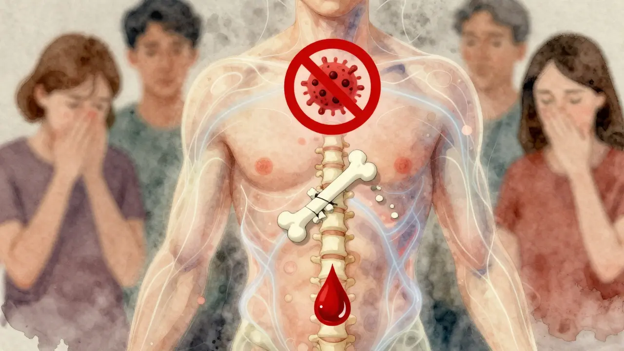 Transparenční ilustrace těla s varovnými symboly pro kontraindikace tantrické masáže.