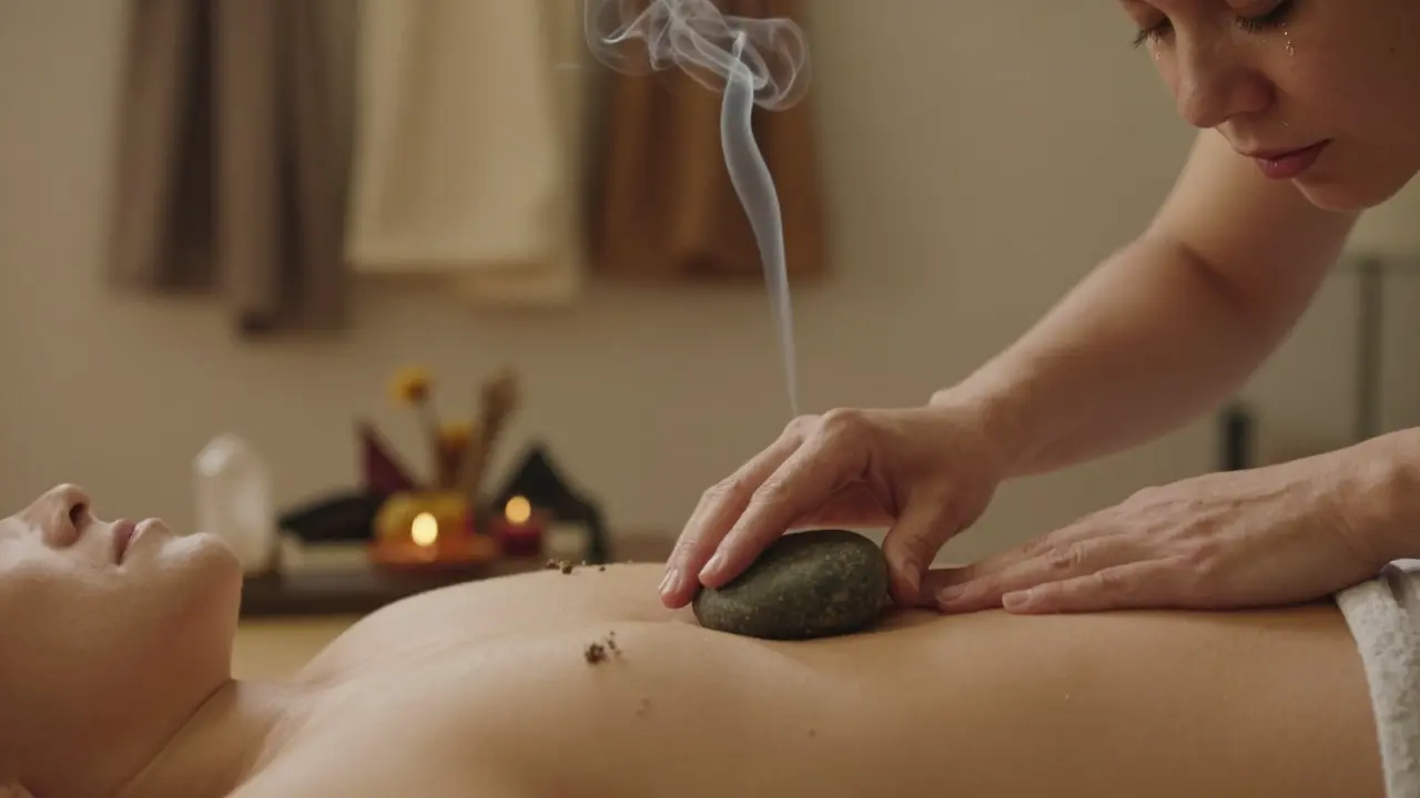 Žena si položila teplý kámen na břicho, oči zavřené, slzy na tváři — tichá chvíle sebeobjevení.