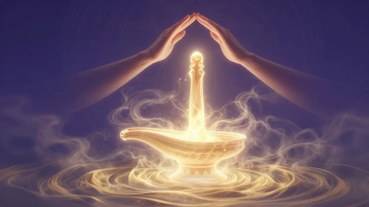 Energetický sloup světla vystupující z dolní části těla, obklopený zlatým mlhavým zářením.