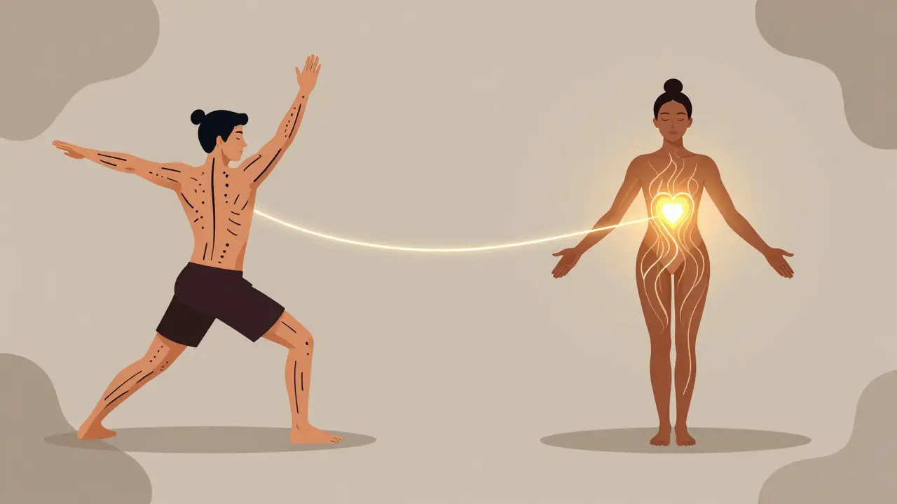 Kontrast thajské a tantrické masáže: dynamický tlak na levé straně, klidná energie na pravé, spojené světelným vláknem.