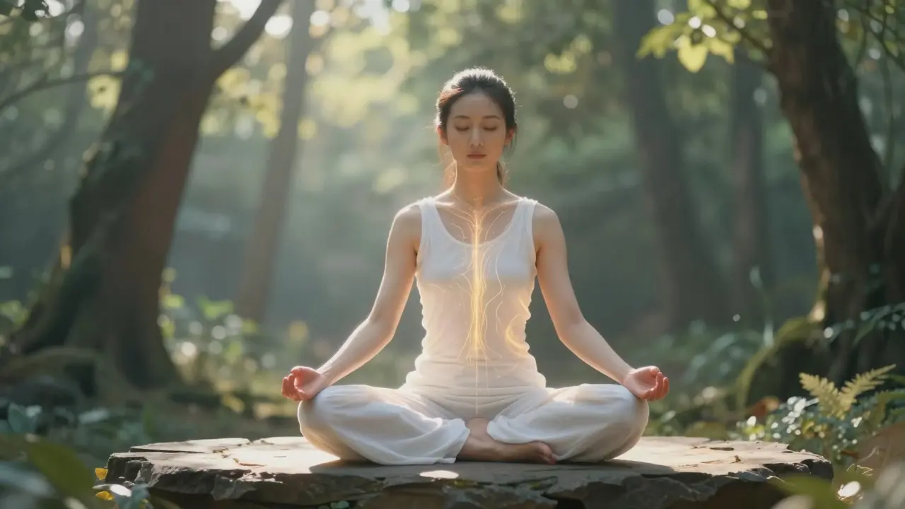 Meditující osoba s energetickými čarami v lesním prostředí.