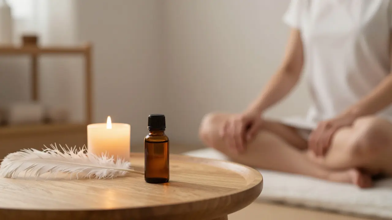 Moderní české wellness prostředí s olejem, pštrosím pírkem a svíčkou.