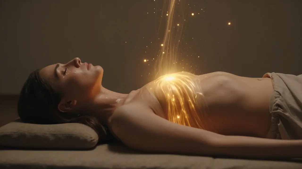 Osoba leží v klidu, slzy a zlaté světlo vyzařují z jejího srdce a pánve, symbolizujíce uvolnění.