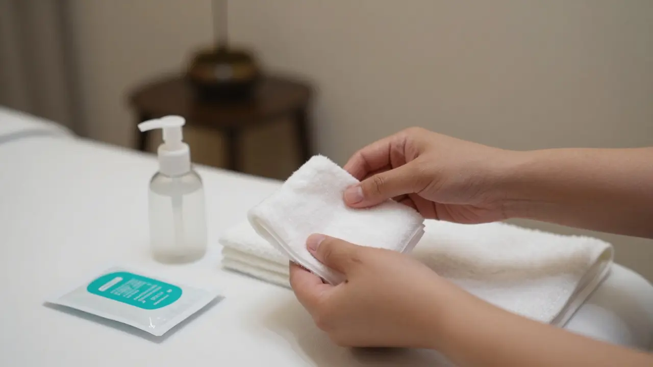 Ruce masérky drží jednorázové plátno, vedle nich jsou alkoholové kapesníky a čisté ručníky — znázorňuje hygienu a odbornost.