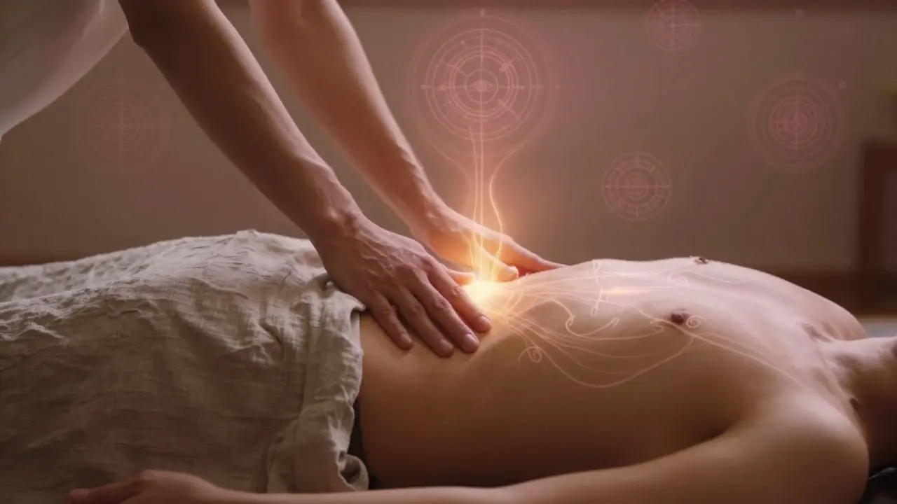 Ruce terapeuty jemně dotýkají břicha, teplé světlo proudí podél těla jako energetická dráha.